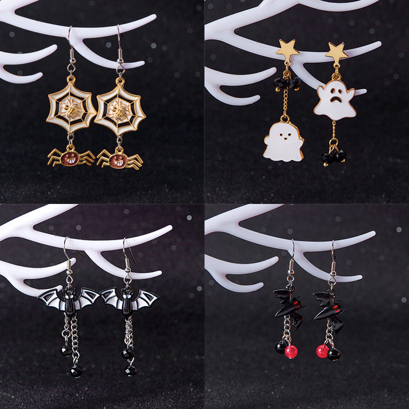 Asymmetric Halloween Earrings – Dark Style Spider Web, Bat & Ghost