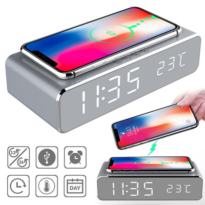 LED Electric Alarm Clock with Wireless Charger – HD Mirror Thermometer Clock